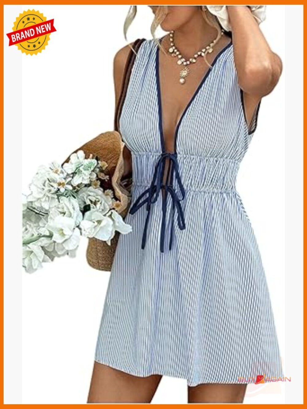 Deep V Neck Tie Bow Sleeveless Denim Mini Dress Summer Casual Jean Tank Dress